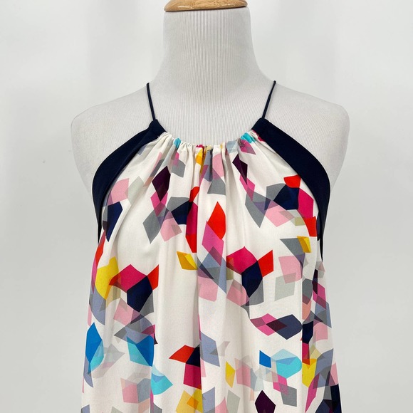 TRINA TURK Shirt Womens Small White Navy Silk Top Multicolored Geo Print Halter - Picture 4 of 9
